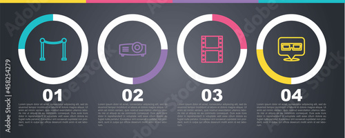 Set line Rope barrier, Movie, film, media projector, Play video and 3D cinema glasses. Business infographic template. Vector