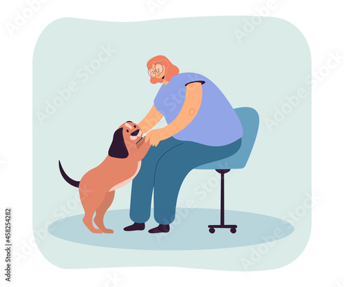 Female cartoon character sitting on chair and petting cute dog. Girl playing with domestic animal flat vector illustration. Pets, love, care concept for banner, website design or landing web page