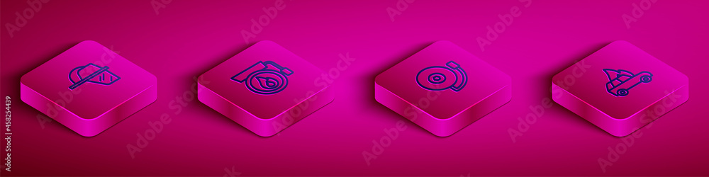 Set Isometric line Firefighter helmet, Ringing alarm bell, and Burning car icon. Vector Set Isometric line Firefighter helmet, Ringing alarm bell, and Burning car icon. Vector
