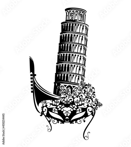 Italian tourism black vector concept design with venetian carnival mask, gondola boat and leaning tower of Pisa