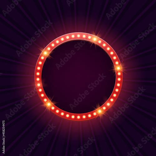 Retro round marquee billboard with electric light lamps, glowing frame, against the background of rays.