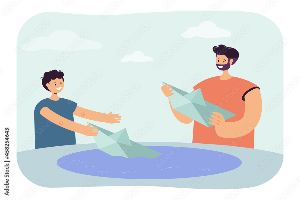 Father and son making paper boats together. Man and boy putting ships from paper on water flat vector illustration. Family, origami, parenting, relationship concept for banner or landing web page