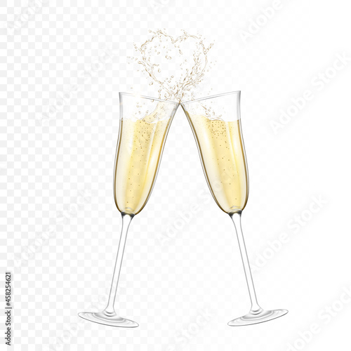 Vászonkép Transparent realistic two glasses of champagne with heart, isolated