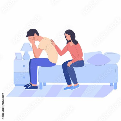 Depression. Support for a sad person. Mental disorder. Cry, longing, anger, loss and sadness. Two people are sitting on the bed. A woman feels sorry for a man. Stock vector flat cartoon illustration.