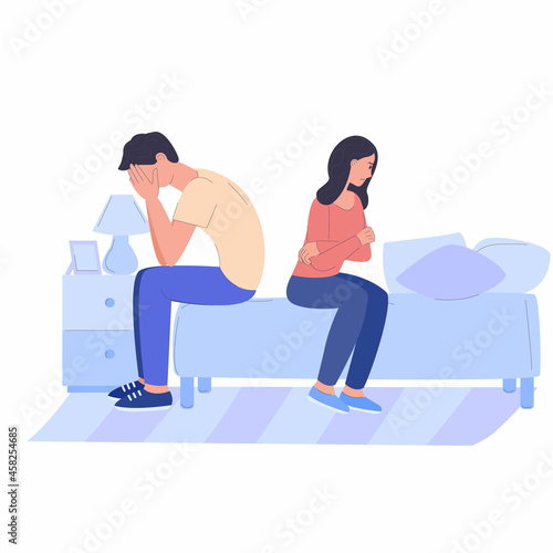 A sad man and a woman, an angry husband and wife. A quarrel, a disagreement. Resentment, family abuse. Stock vector flat cartoon illustration on a white background.