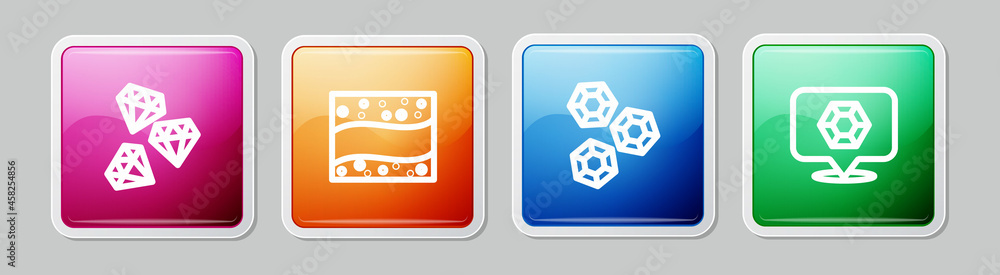 Set line Gem stone, Gold mine, and . Colorful square button. Vector Set line Gem stone, Gold mine, and . Colorful square button. Vector