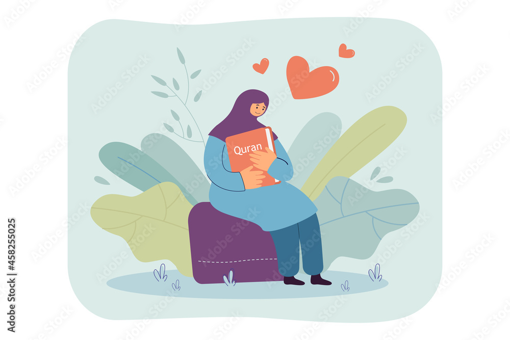 Happy Arabic woman hugging Quran. Muslim female character sitting and holding religious book flat vector illustration. Religion, Ramadan, Islam concept for banner, website design or landing web page Happy Arabic woman hugging Quran. Muslim female character sitting and holding religious book flat vector illustration. Religion, Ramadan, Islam concept for banner, website design or landing web page