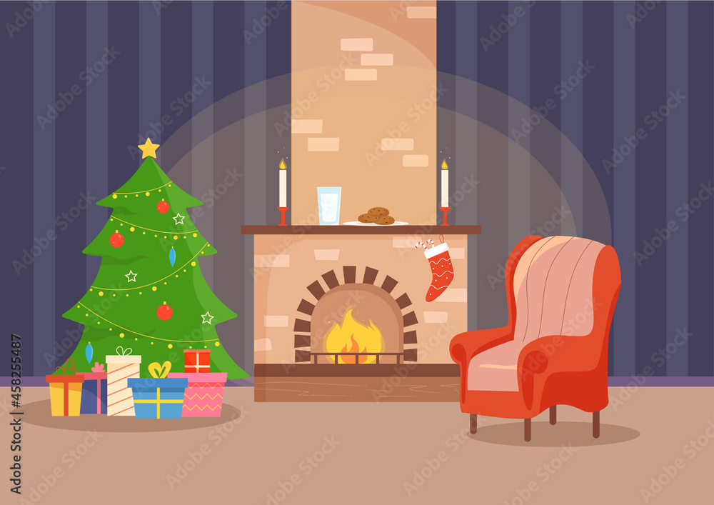 Christmas fireplace in decorated room with chair, christmas tree, gifts, candles, socks and cookies and glass of milk for Santa. Cartoon illustration of room for new year and christmas celebration.