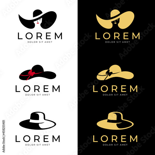 Set of women's hats. womens elegant hat with bow for ladies and lips.