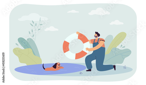 Rescuer cartoon character holding lifebuoy for dog in water. Lifeguard saving puppy flat vector illustration. Pets, care, protection, animal rescue concept for banner, website design or landing page