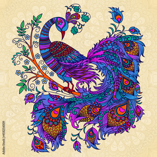 Vector illustration. Decorative firebird on a beige background. A bright fairy bird, a mythical creature phoenix on a flowering branch.