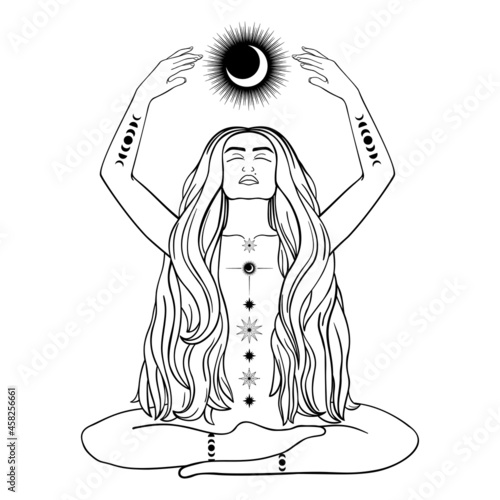 Hand drawn mystical woman with Sun, Moon, star in line art. Spiritual abstract silhouette young woman. Magic profile, esoteric talisman. Vector illustration isolated on white background