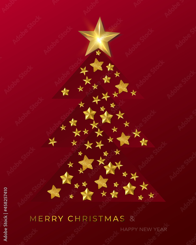 Abstract Christmas trees, gold stars Christmas and New Year red card.