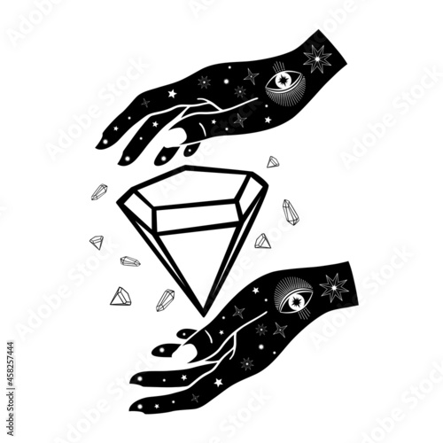 Hand drawn woman hands with diamonds, eyes and stars in line art. Spiritual symbol celestial space. Magic talisman, antique style, boho, tattoo, logo. Vector illustration isolated on white background