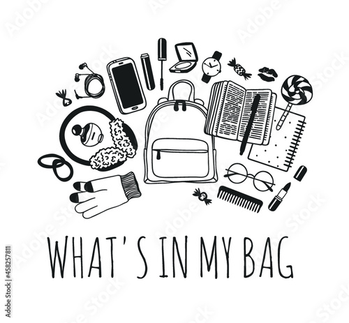 Hand drawn Fashion Illustration What is in my bag. Vector picture