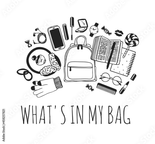 Hand drawn Fashion Illustration What is in my bag. Vector picture