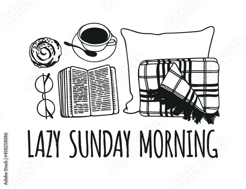 Hand drawn Holiday fashion illustration. Creative ink art work. Actual vector drawing. Winter set: plaid, book, sock, mail, tea cup, slippers and other cozy things