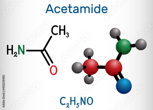 Acetamide, ethanamide molecule. It is a monocarboxylic acid amide, used as plasticizer in the processes of obtaining leather, paper. Structural chemical formula and molecule model