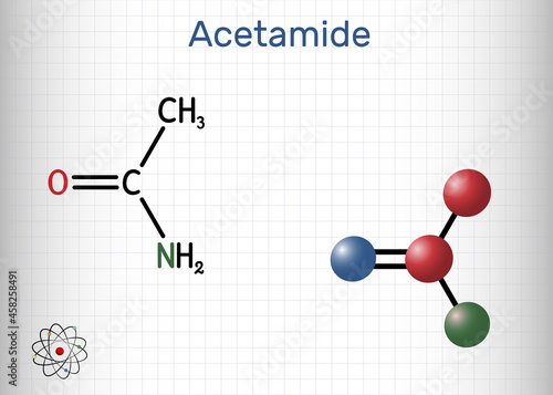 Acetamide, ethanamide molecule. It is a monocarboxylic acid amide, used as plasticizer in the processes of obtaining leather, paper. Structural chemical formula, molecule model. Sheet of paper in cage