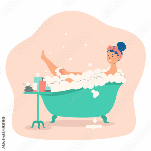 Woman taking a bath with bubble. Hygiene and beauty, bodycare. Girl washes body.