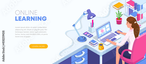 Learning online at home. Student sitting at desk and looking at laptop. E-learning banner. Web courses or tutorials concept. Distance education flat isometric vector illustration. 