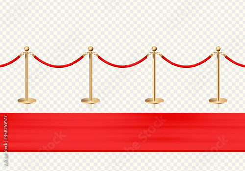 Red carpet and golden barriers front view. Realistic isolated fence on transparent background. Vector illustration.
