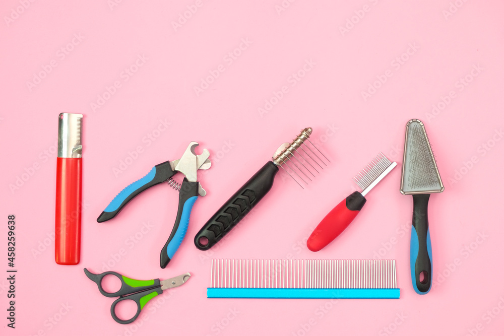 pet care and grooming tools on a pink background. pet care and grooming tools on a pink background.