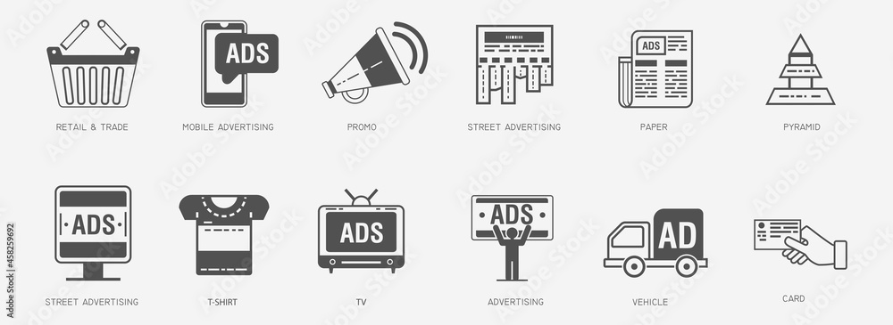 Fototapeta premium Icons of advertising marketing product promotion vector illustration