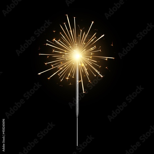 Burning sparkler. Bengal light realistic, christmas, new year and happy birthday sparkling candle, pyrotechnics for party. Firework isolated on black background. Vector 3d illustration