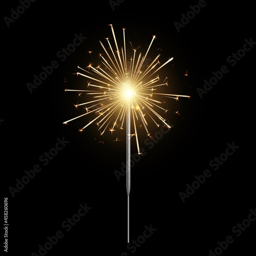 Burning sparkler. Bengal light realistic  christmas  new year and happy birthday sparkling candle  pyrotechnics for party. Firework isolated on black background. Vector 3d illustration