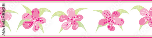 Sakura blossom seamless vector border background. Banner with pink cherry petals and,leaves, striped edging. Feminine romantic horizontal repeat floral botanical design with spring buds.