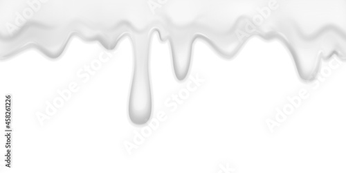 Dripping cream. Milk yogurt cream border with drops, filling white drink dessert, mayonnaise flow, horizontal background melted substance, fluid wave. Vector isolated realistic illustration