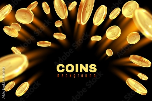 Explosion gold coin. Dollar coins golden rain. Game gambling prize money splash. Casino jackpot, bingo background isolated on black. Square luxury frame with copy space vector illustration