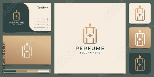 luxury square bottle perfume logo and business card design. logo for fashion,elegant,feminine salon.