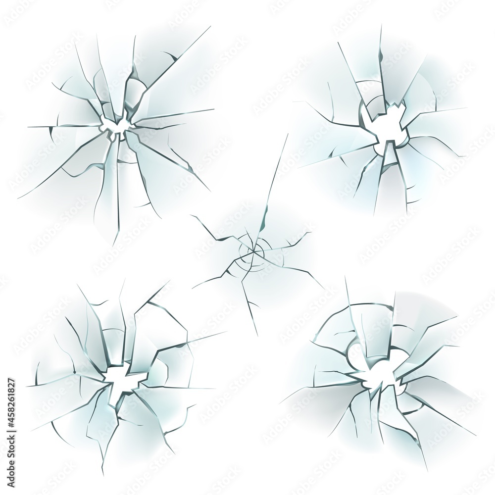 Obraz premium Glass broken. Realistic cracked window. Damaged fragile textures effects set with hole and shards. Crushed ice. Deforming mirrors. Shattered screen. Vector destroyed surface mockup