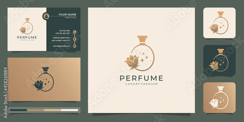 perfume logo and flower. logo with business card design. bottles perfume spray logo with beauty flower.