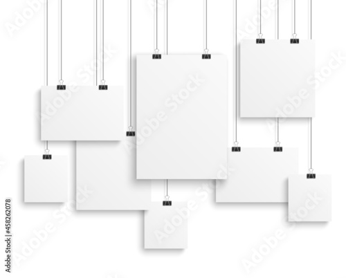 Picture gallery empty. Photo canvas clean advertising hanging banner on strings, presentation paper posters, empty clean different sizes sheets on clip exhibition, vector realistic mockup set