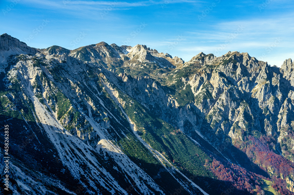 autumn panorama of the Tre Croci mountain range in Italy