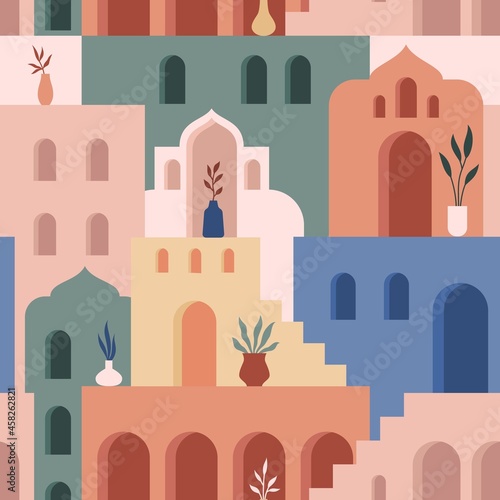 Abstract architecture. Minimalist geometric building shapes seamless pattern, moroccan oriental streets, bohemian aesthetic. Vector concept. Decor textile, wrapping paper, print or fabric photo