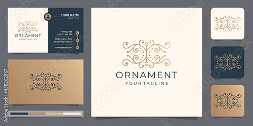 linear style ornament logo with business card design.luxury slim style decoration, vintage, element.