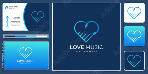 love and music logo design with business card template.creative love and music minimalist modern design.