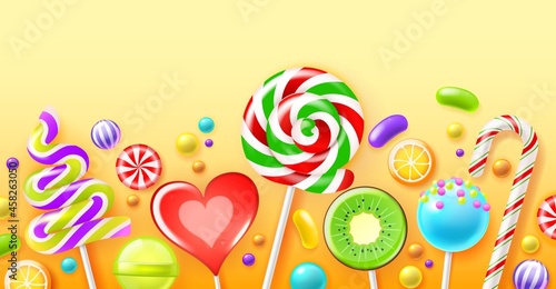 Realistic candies poster. Color sweets, bright lollipops, glossy fruit dragees, striped caramels on sticks, sugar products, kids treats, horizontal background. Vector isolated concept