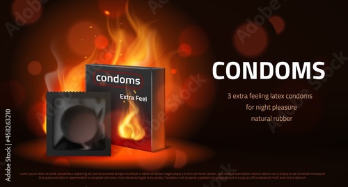 Realistic condom poster. Latex contraceptive intimate product, passion fire packaging on black background, burning sexual safety, safe love method, horizontal banner, vector 3d concept