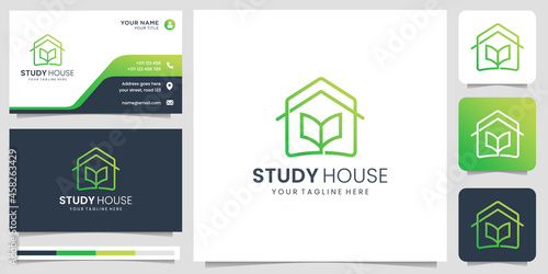 minimalist linear style book logo with house design.study house logo inspiration with business card.