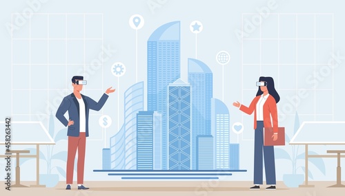Augmented reality work. Futuristic virtual tech. Interactive building design. Presentation of 3d model skyscrapers. Construction designers and architects in VR glasses. Vector concept