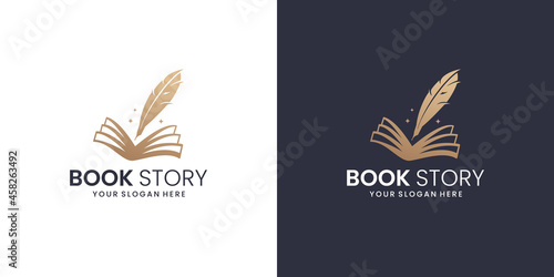 creative feather and book design template. book story feather logo inspiration.