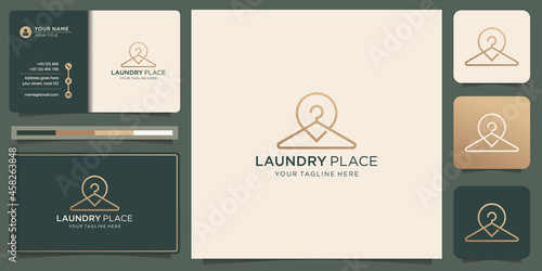 minimalist hangers fashion logo with pin location design. Creative concept laundry place inspiration
