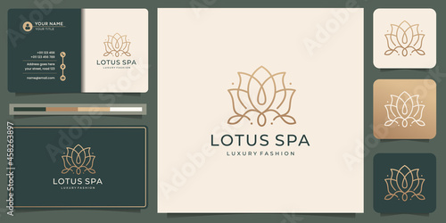 feminine flower lotus spa logo design and business card. creative line style floral lotus spa design