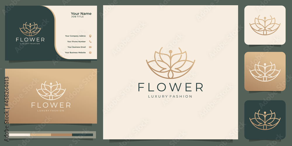 Fototapeta premium geometric beauty flower rose logo design. gold color,line style,feminine salon and business card.