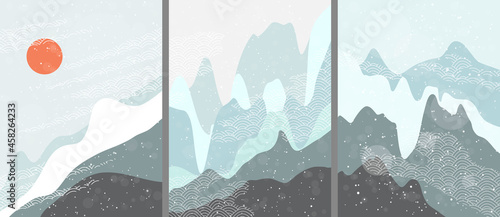 Vector illustration landscape. Mountain peak, hills. Line Japanese pattern. Asian style. Design for poster, postcard, magazine, layout. Boho wall decor. Aerial concept. Winter cold snowy season.